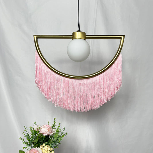 Aeyee Tassel Pendant Light, Modern Pink Chandelier, Boho Hanging Light Fixture, 1 Light Arc-Shaped Lighting