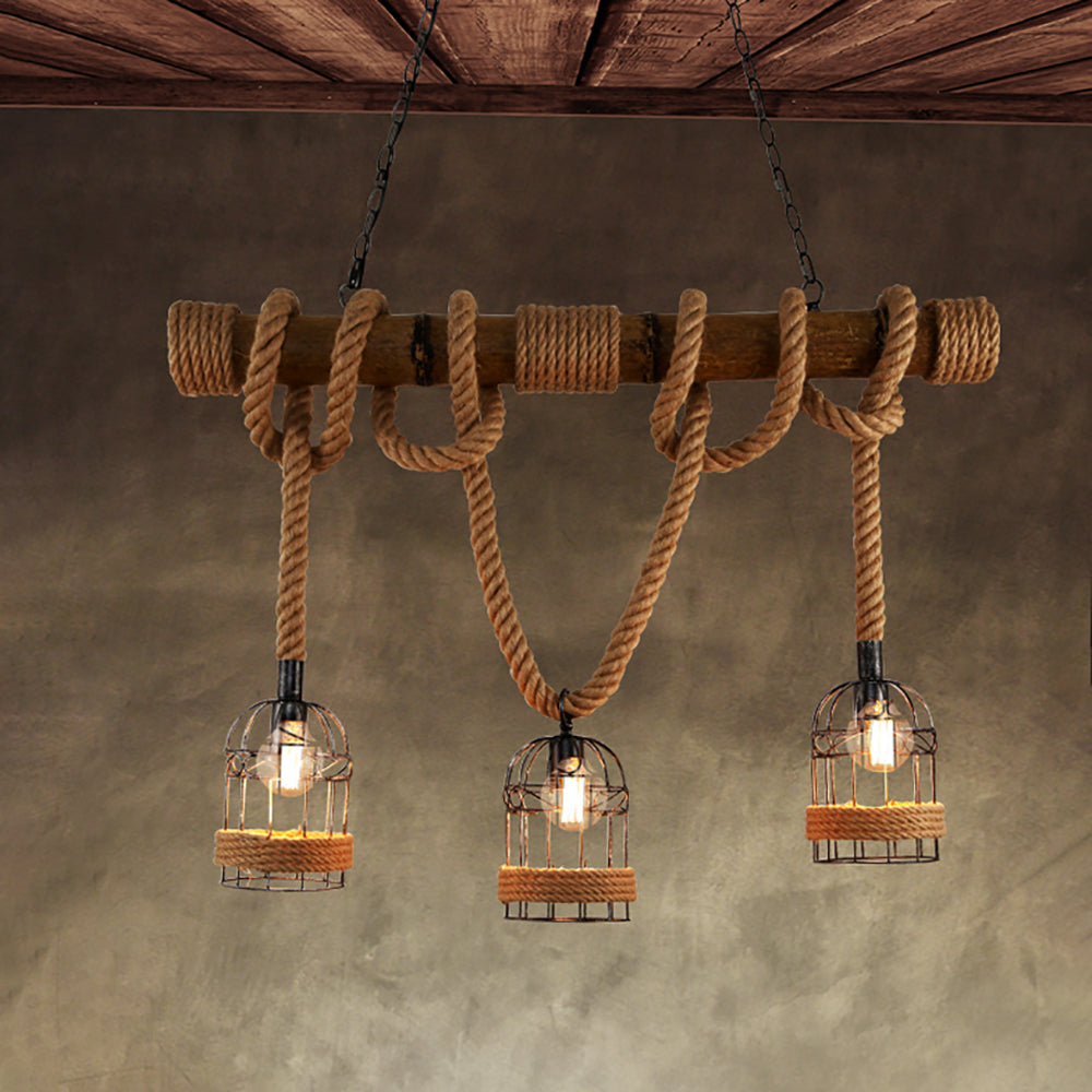 Aeyee Farmhouse Pendant Light Fixture Rustic Adjustable Hemp Rope Chandelier, 39" Nautical Theme Hanging Light with Metal Cage