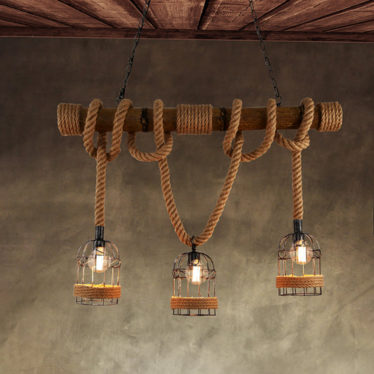 Aeyee Farmhouse Pendant Light Fixture Rustic Adjustable Hemp Rope Chandelier, 39" Nautical Theme Hanging Light with Metal Cage