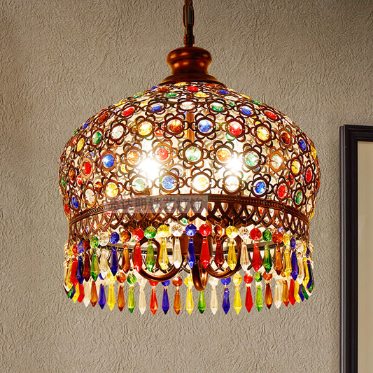 Aeyee Handmade Crystal Pendant Light Fixture, Bohemian Style Hanging Lamp, Colorful Hanging Pendant Lamp in Red Bronze