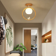 Aeyee Modern Wood Flush Mount Ceiling Light, 1 Light Round Shape Close to Ceiling Lighting with Bird Decoration for Laundry Corridor