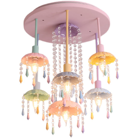 Aeyee Colorful Ceiling Light, Crystal Girl's Bedroom Drop Ceiling Lighting, Candle 7 Lights Ceiling Light for Reading Room, Nursery