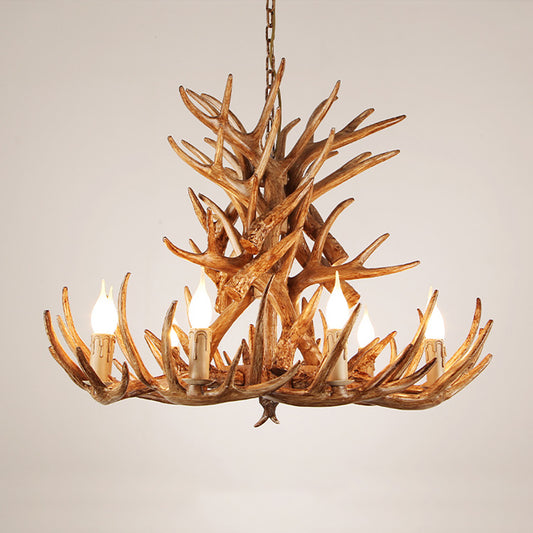 Resin Antler Chandelier - Aeyee Tier Rustic Antler Fixture, 9 Lights Farmhouse Hanging Light, 33" Candle Pendant Light in Brown