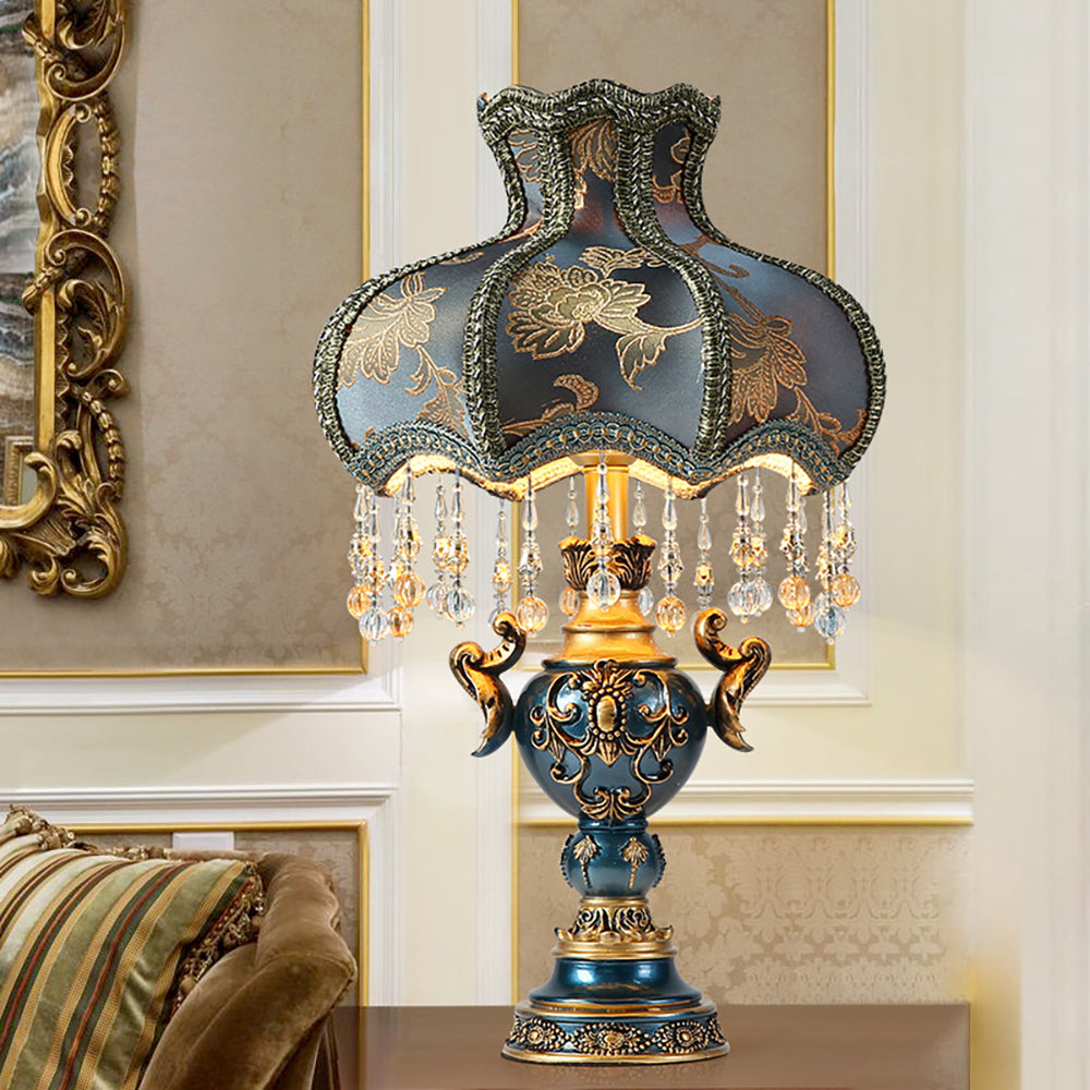 Aeyee Blue Fabric Table Lamp, Antique Flower Decorative Bedside Desk Lamp for Bedroom Nightstand