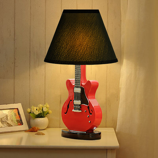 Aeyee Cute Guitar Table Lamp with Fabric Shade, Decorative Bedside Desk Lamp, Elegant Small Cartoon Night Light for Bedroom Nightstand Red Finish