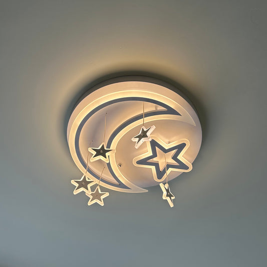 Aeyee Star Flush Mount Ceiling Light, Dimmable Children's Bedroom Ceiling Light, Remote Control, Moon LED Drop Ceiling Lamp in White
