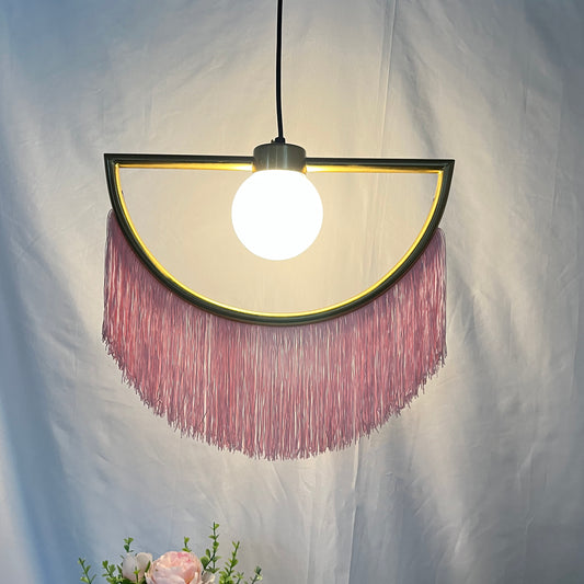 Aeyee Tassel Pendant Light, Modern Pink Chandelier, Boho Hanging Light Fixture, 1 Light Arc-Shaped Lighting