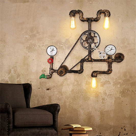 Aeyee Industrial Wall Light, 30.7" Gear Decorative Wall Sconce, 3 Lights Farmhouse Water Pipe Wall Mount Lamp for Game Room Bedroom in Bronze