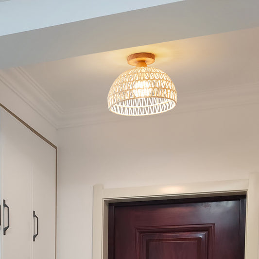 Aeyee Modern Wicker Flush Mount Ceiling Light, Woven Rattan Ceiling Light Fixtures, Boho Cream Hallway Light, Wood Hanging Lamp