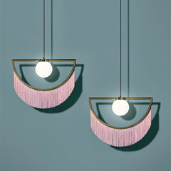 Aeyee Tassel Pendant Light, Modern Pink Chandelier, Boho Hanging Light Fixture, 1 Light Arc-Shaped Lighting