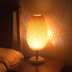 Aeyee Bamboo Table Lamp Cute Desk Lamp with Wood Base, Wicker Shade, Bohemian Bedside Lamp, Farmhouse Night Light for Hallway Living Room