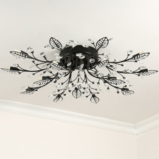 Aeyee Vintage Crystal Semi Flush Mount Ceiling Light LED Low Profile Branches Chandelier, Elegant Leaf Ceiling Fixture