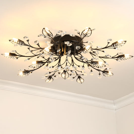 Aeyee Vintage Crystal Semi Flush Mount Ceiling Light LED Low Profile Branches Chandelier, Elegant Leaf Ceiling Fixture