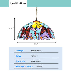 Aeyee Tiffany Pendant Light Fixture, Purple Butterfly Stained Glass Hanging Lamp, 1 Light Elegant Glass Chandelier