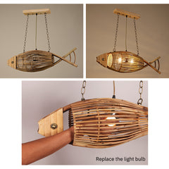 Rattan Pendant Light Fixture - Aeyee Fish Shaped Chandelier, 2 Lights Woven Ceiling Hanging Light with Adjustable Cord for Kitchen Island Nursery