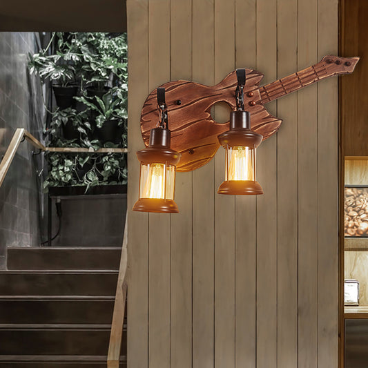 Aeyee Industrial Guitar Wall Sconce, Retro Wood Wall Mount Light, 3 Lights Farmhouse Lantern Wall lamp for Bedroom Corridor