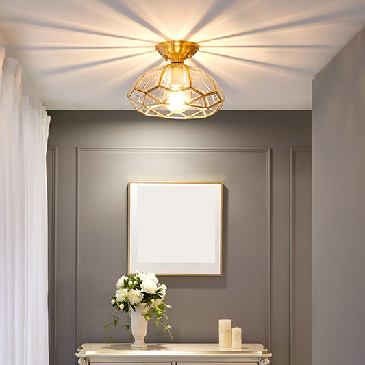 Aeyee Elegant Brass Semi-Flush Mount Ceiling Light, Dome Shape Glass Ceiling Light Fixture, Classic Entrance, Front Entry, Hallway Lighting