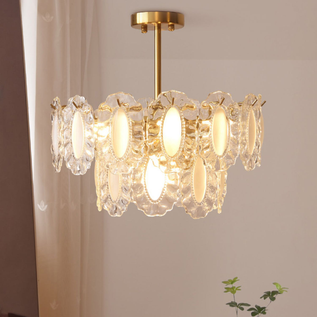 Aeyee Classic Glass Chandelier, Layered Round Ceiling Pendant Light Fixture, Elegant Gold Hanging Light for Dining Room Girls Room