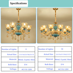 Aeyee Gold Crystal Chandelier, Elegant Ceramic Candle Pendant Light Fixture, Luxurious Hanging Lighting for Dining Room Living Room