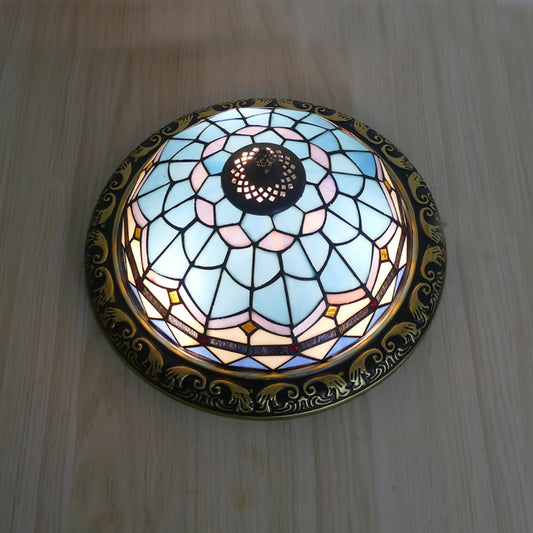 Tiffany Flush Mount Ceiling Light - Aeyee Classy Blue Ceiling Light, Round Stained Glass Ceiling Light for Bedroom, Entrance