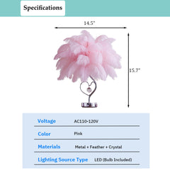 Aeyee Pink Feather Bedside Lamp, Elegant Night Light with Crystal Decor, Remote Control, Dimmable Table Lamp for Bedroom Living Room