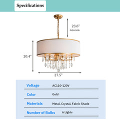 Aeyee Luxury Crystal Chandelier, Round Pendant Light Fixture, 6 Lights Gold Hanging Lamp for Living Room Dining Room