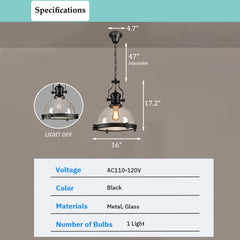 Aeyee Glass Pendant Light Fixture, 1 Light Industrial Hanging Light, Adjustable Kitchen Island Dome Pendant Lighting