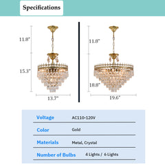 Classic Crystal Chandelier - Aeyee Luxury Round Pendant Light, 4 Lights Gold Hanging Lamp for Living Room Dining Room (13.7")