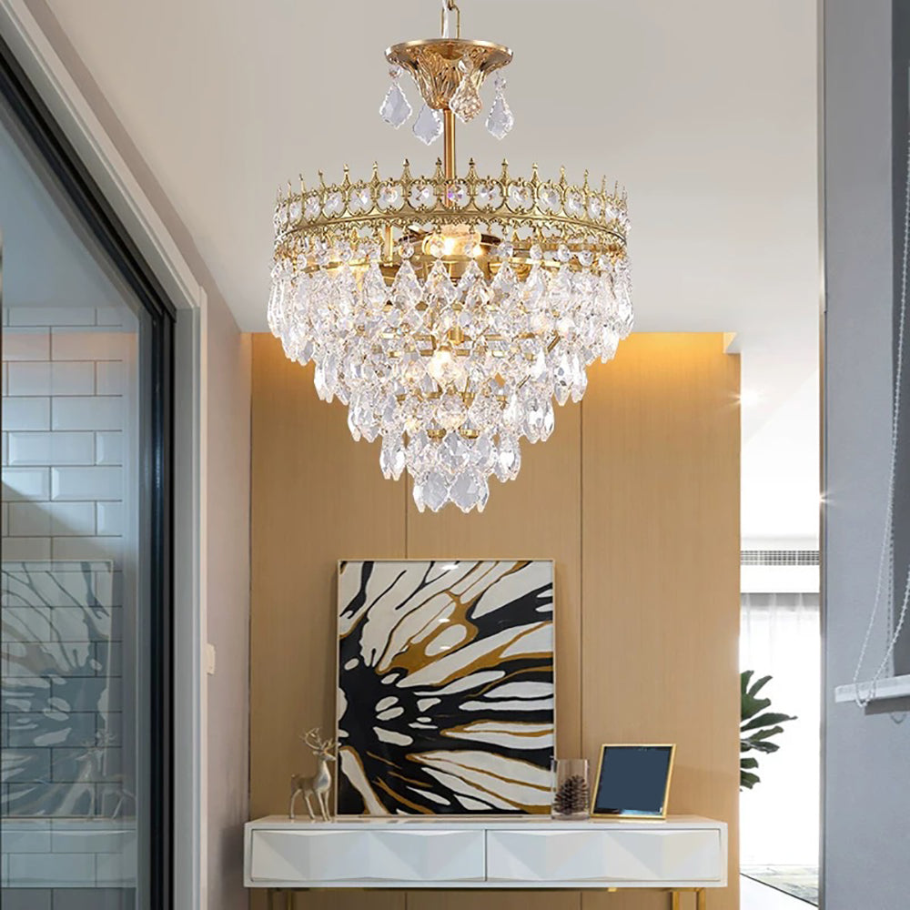 Classic Crystal Chandelier - Aeyee Luxury Round Pendant Light, 4 Lights Gold Hanging Lamp for Living Room Dining Room (13.7")