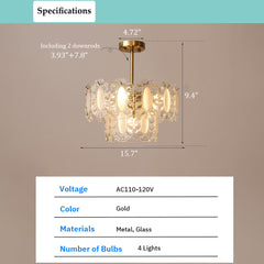 Aeyee Classic Glass Chandelier, Layered Round Ceiling Pendant Light Fixture, Elegant Gold Hanging Light for Dining Room Girls Room