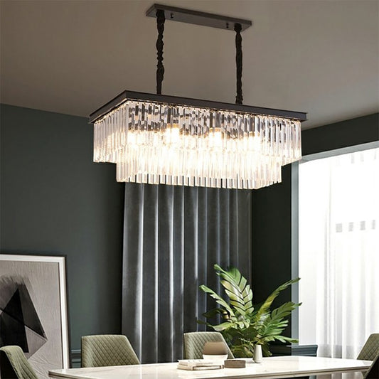Aeyee Elegant Crystal Chandelier Luxury Rectangular Pendant Light Fixture, Modern Dining Room Light, 8 Lights Hanging Lamp for Living Room