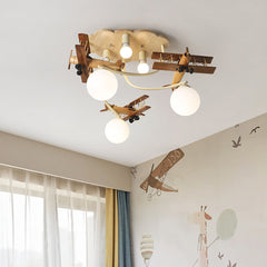 Aeyee Modern Airplane Flush Mount Ceiling Light, Glass Globe Chandelier, Wood Cartoon Boys Bedroom Ceiling Light Fixture