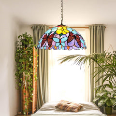 Aeyee Tiffany Pendant Light Fixture, Purple Butterfly Stained Glass Hanging Lamp, 1 Light Elegant Glass Chandelier