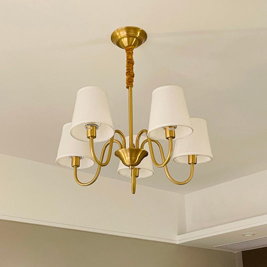 Aeyee Classic Chandelier with Linen Shade, Mid-Century Copper Dining Fixture, Elegant Hanging Light for Dining Room Living Room