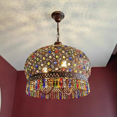 Aeyee Handmade Crystal Pendant Light Fixture, Bohemian Style Hanging Lamp, Colorful Hanging Pendant Lamp in Red Bronze