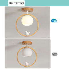 Aeyee Modern Wood Flush Mount Ceiling Light, 1 Light Round Shape Close to Ceiling Lighting with Bird Decoration for Laundry Corridor