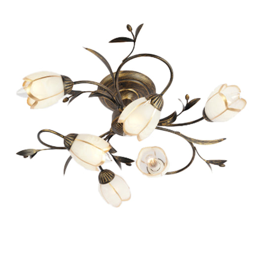 Aeyee Flower Semi Flush Mount Ceiling Light, Rustic Ceiling Fixture with Frosted Glass Shade, Sputnik Chandelier for Kitchen Bedroom