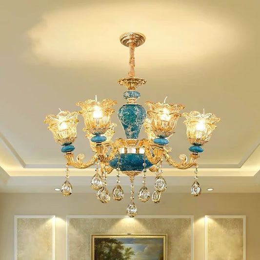 Aeyee Gold Crystal Chandelier, Elegant Ceramic Candle Pendant Light Fixture, Luxurious Hanging Lighting for Dining Room Living Room