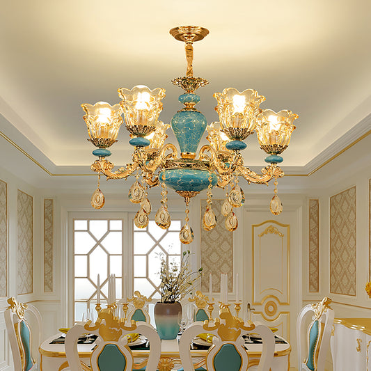 Aeyee Gold Crystal Chandelier, Elegant Ceramic Candle Pendant Light Fixture, Luxurious Hanging Lighting for Dining Room Living Room