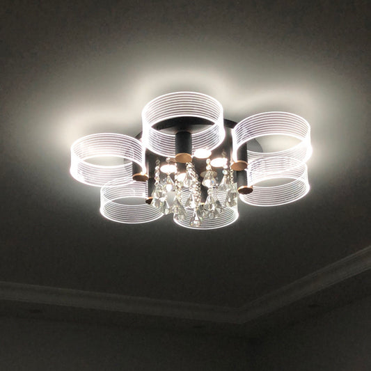 Aeyee Round Crystal Flush Mount Ceiling Light, Modern Drop Ceiling Lighting with Remote, Dimmable Chandelier for Dining Room Bedroom