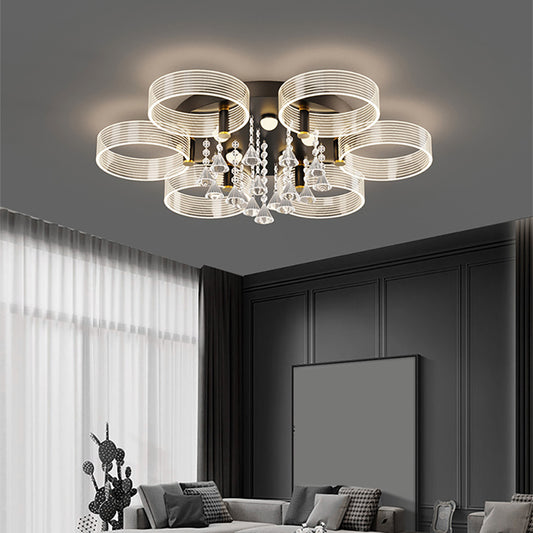 Aeyee Round Crystal Flush Mount Ceiling Light, Modern Drop Ceiling Lighting with Remote, Dimmable Chandelier for Dining Room Bedroom