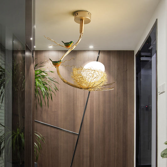 Creative Birds Chandelier - Aeyee Contemporary Aluminum Nest Ceiling Pendant Lamp Hanging Light Fixture with White Glass Shade