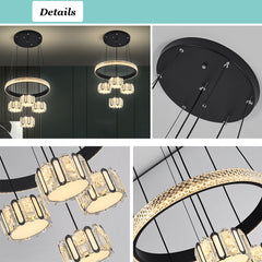 Aeyee Tiered Crystal Chandeliers, Modern Black Pendant Light Fixtures, 5 Lights Dimmable LED Hanging Light for Dining Room Living Room