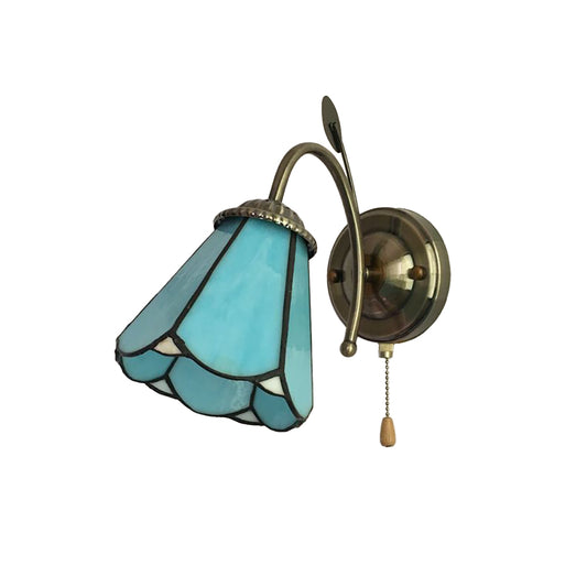 Aeyee Tiffany Style Wall Sconces, Antique Stained Glass Wall Lamp Fixture, Decorative Bedside Wall Sconce Lamp with Pull Chain Switch Blue Finish