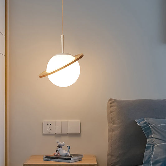 Globe Pendant Light - Aeyee Planet Hanging Light with Glass Shade, Wood Deco, Ball Shape Children's Room Lights