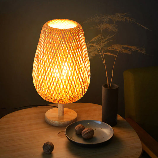 Bamboo Table Lamp - Aeyee Cute Accent Lamp with Wood Base, Wicker Shade, Bohemian Bedside Lamp,Night Light for Hallway Nursery Living Room