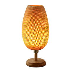 Aeyee Bamboo Table Lamp Cute Desk Lamp with Wood Base, Wicker Shade, Bohemian Bedside Lamp, Farmhouse Night Light for Hallway Living Room