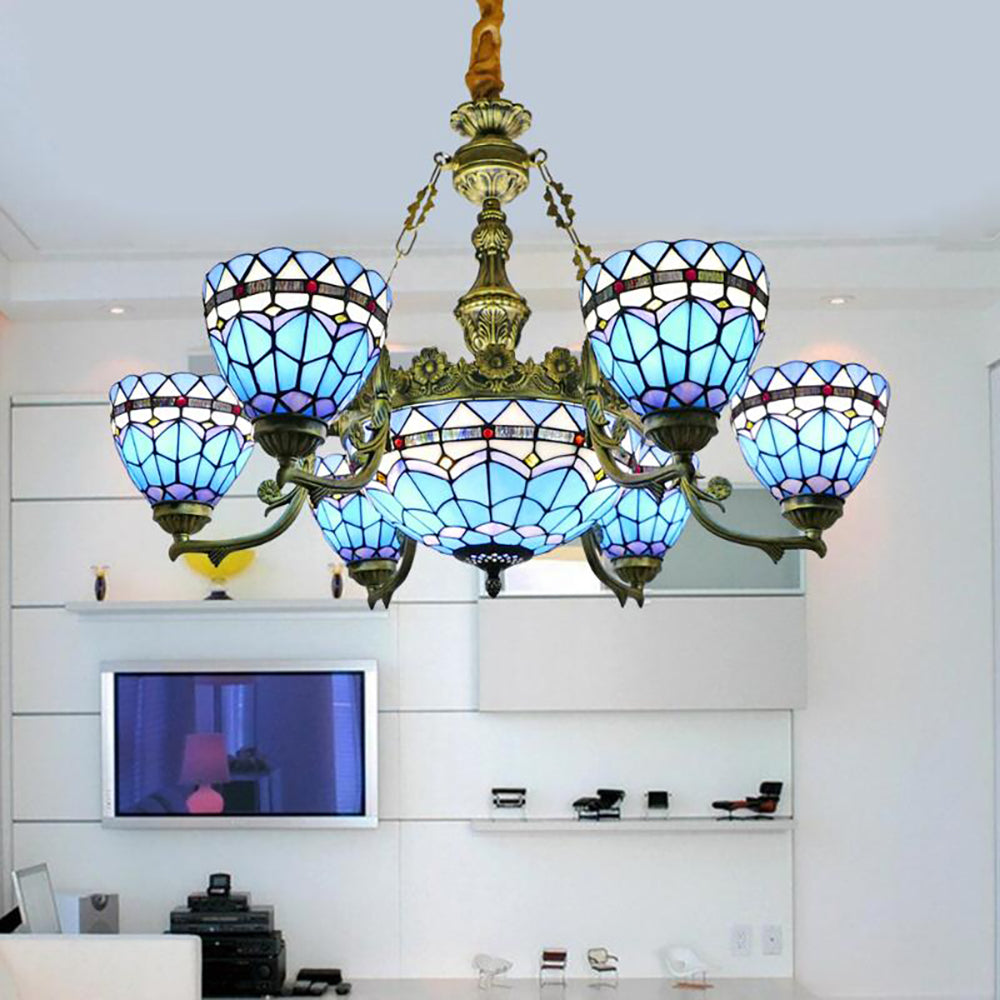 Tiffany Style Chandelier - Aeyee Blue Stained Glass Ceiling Pendant Light, Baroque Tiffany lamp Hanging Light for Dining Room Living Room
