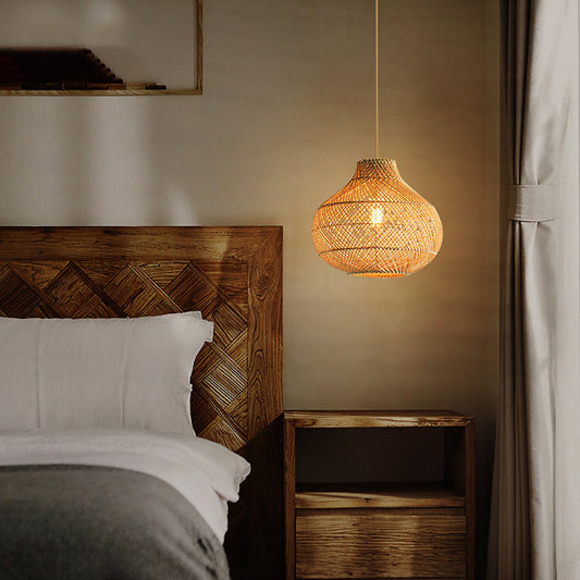 Aeyee Basket Weave Pendant Light, Modern 1 Light Bamboo Hanging Light Fixture, Elegant Rattan Chandelier for Kitchen Island Nursery