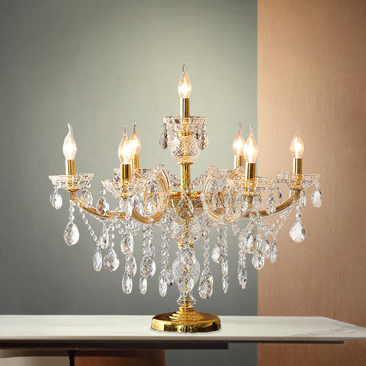 Aeyee Vintage Crystal Table Lamp, Antique Candelabra Decorative Bedside Desk Lamp, Glass Night Light for Bedroom Nightstand in Gold